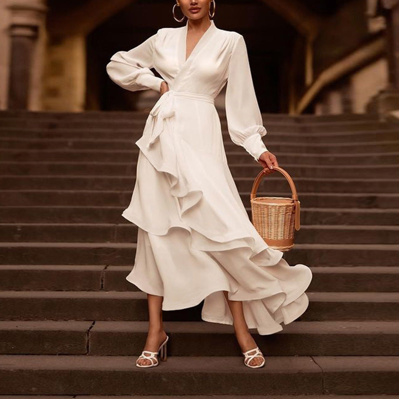Elegant White Satin V-Neck Prom Dress â€?Long Sleeve Layered Ruffle Gown