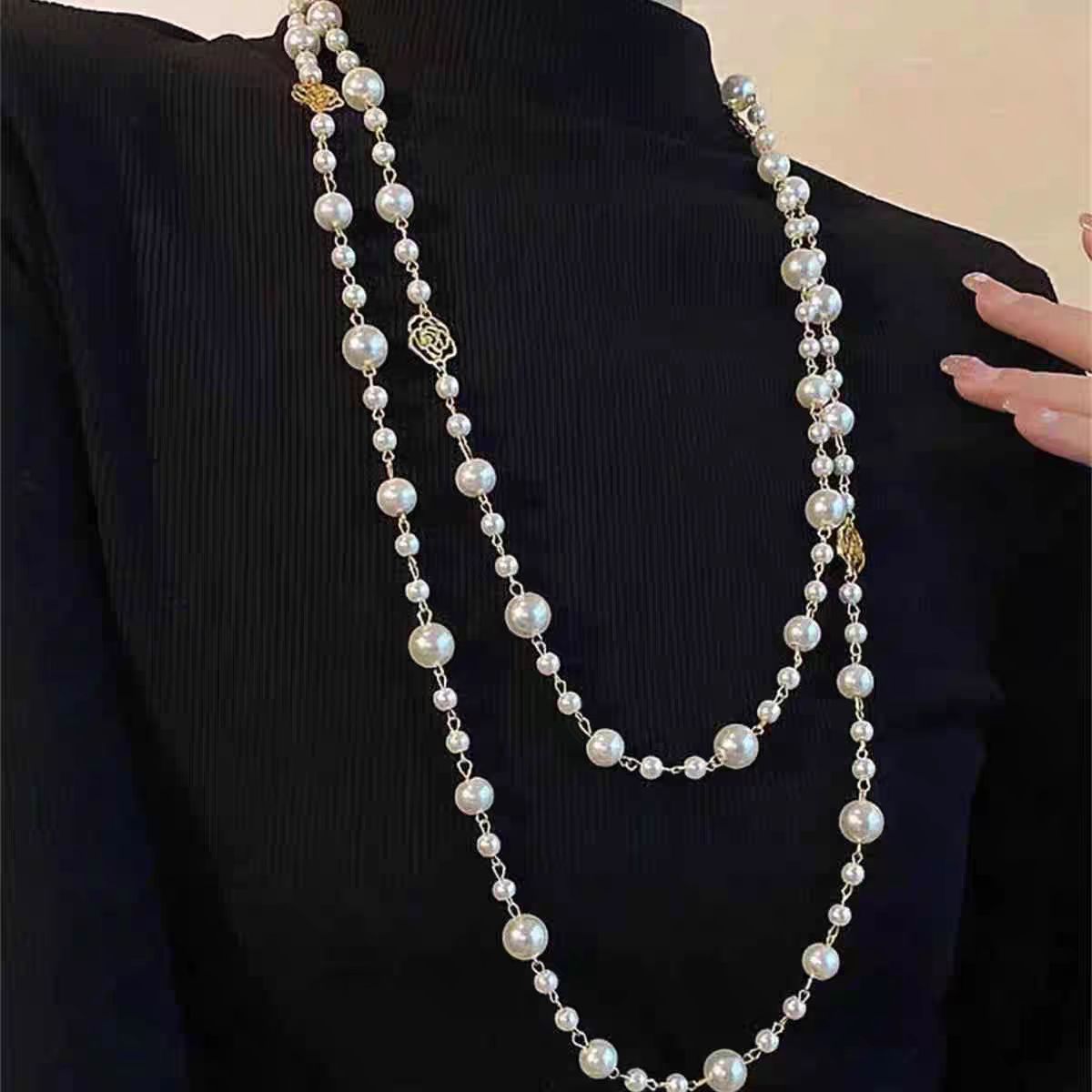 Retro Multi-layer Pearls Necklace Long Sweater Chain Versatile Accessories For Women