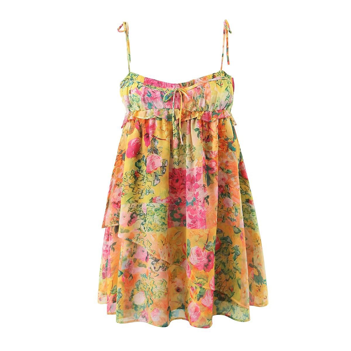 Y2K Flowers Print Suspender Dress Ruffled Holiday Beach Short Dresses Womens Clothing