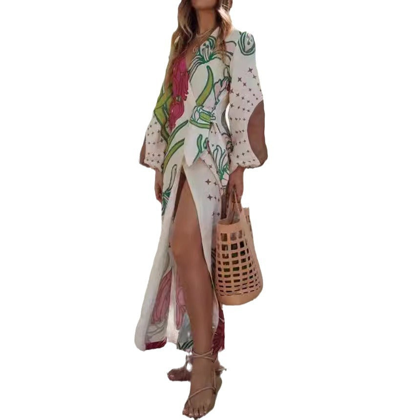 Long Sleeve Holiday Floral Print Long Sleeve Cardigan Lace Up Dress Women