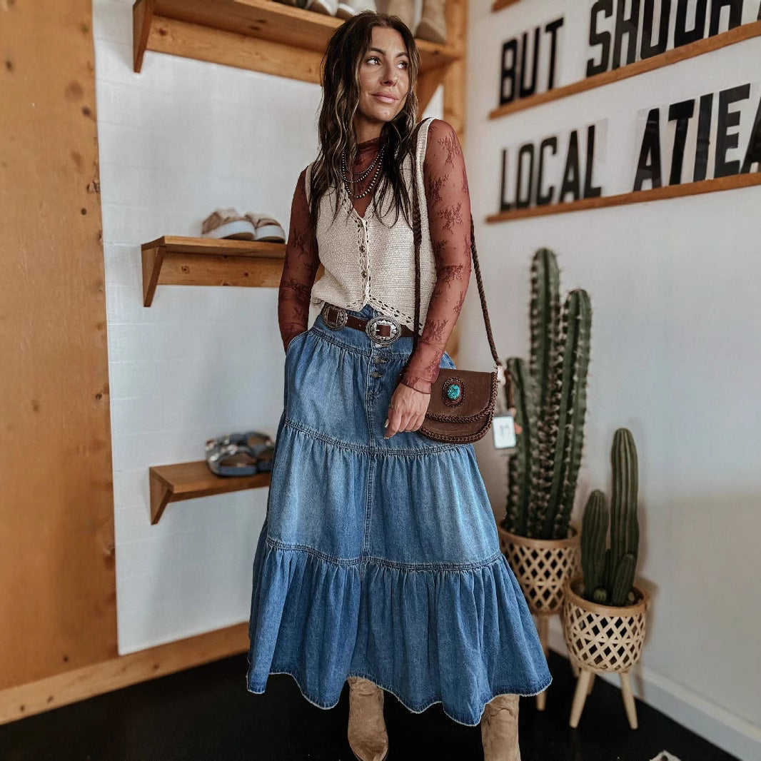 Bohemian A-Line Layered Cake Denim Skirt â€?Vintage Tiered Midi Skirt