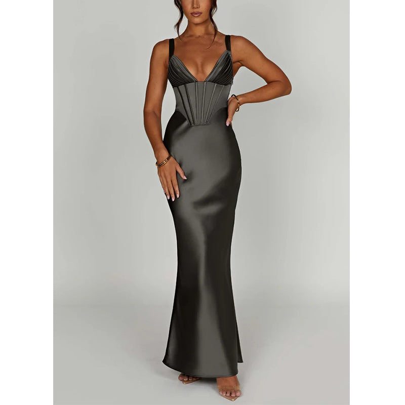Elegant Deep V-Neck Satin Sleeveless Evening Dress