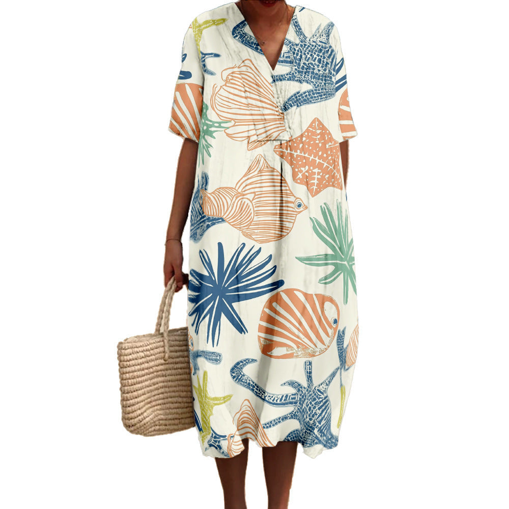 Printed Loose Short-sleeve One-piece Dress For Women