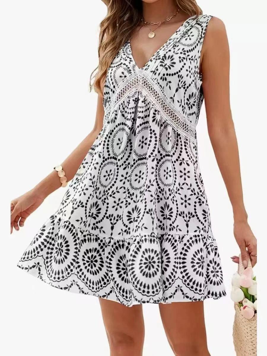 Elegant Printed Hollow Lace Dress V-neck Sleeveless Dress