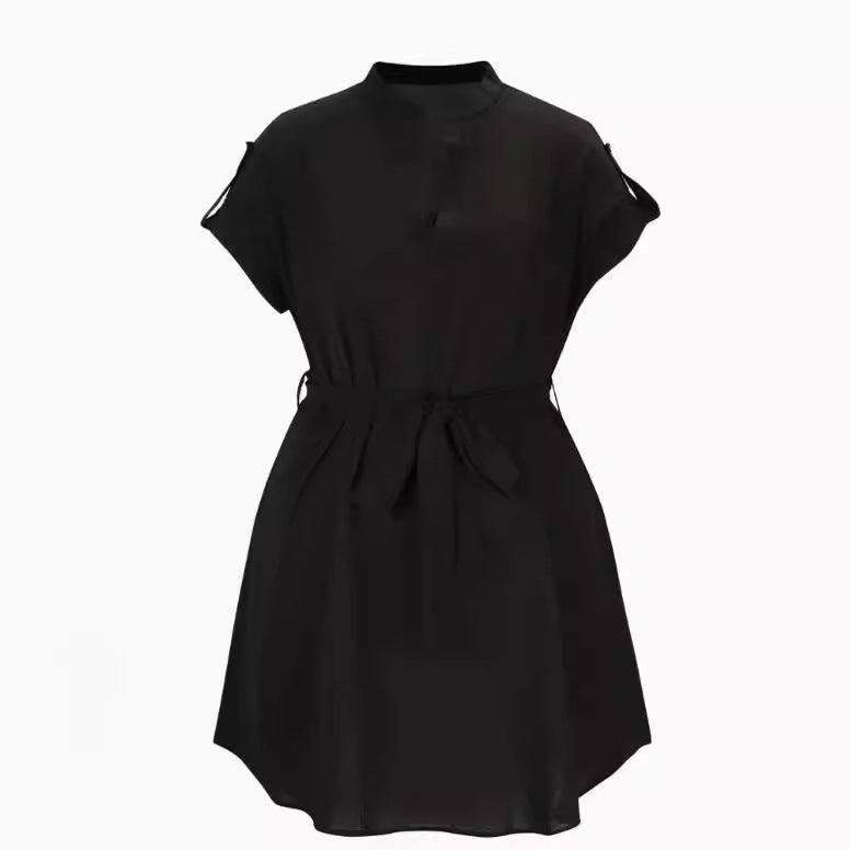 V-neck Short Sleeve Dress With Belt Bowknot Dresses For Clothing