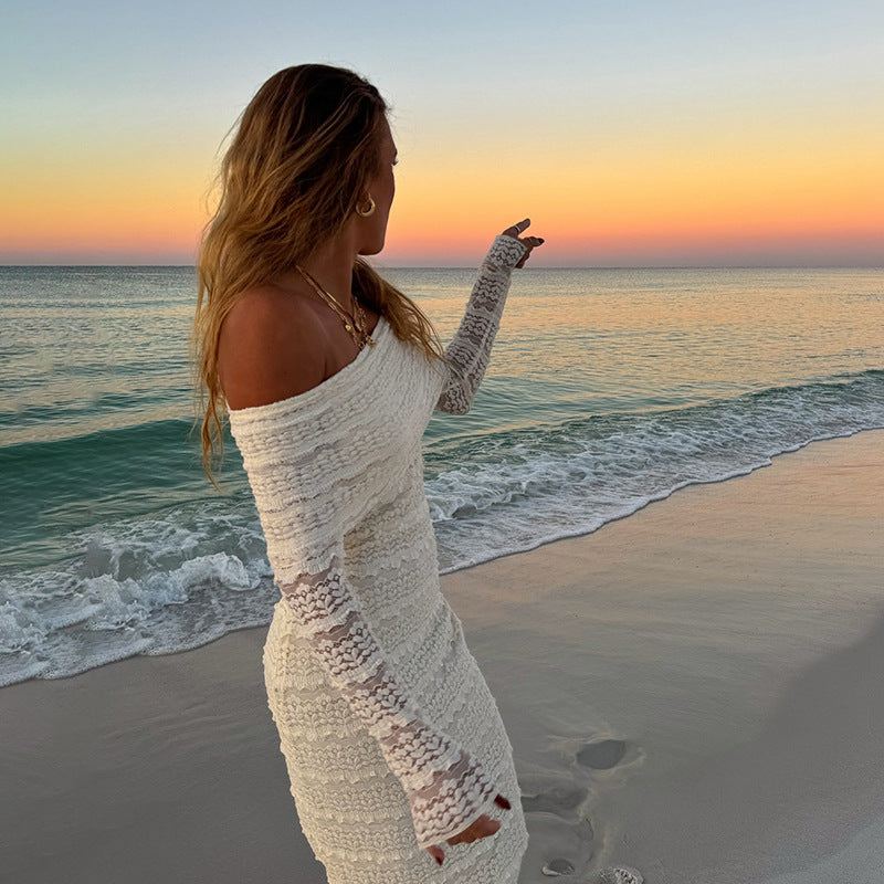 Amazon Elegant Socialite Style Elegant Off-Shoulder Lace Dress