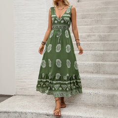 Holiday Printed Green Ethnic Style Casual V-neck High Waist Dress For Women