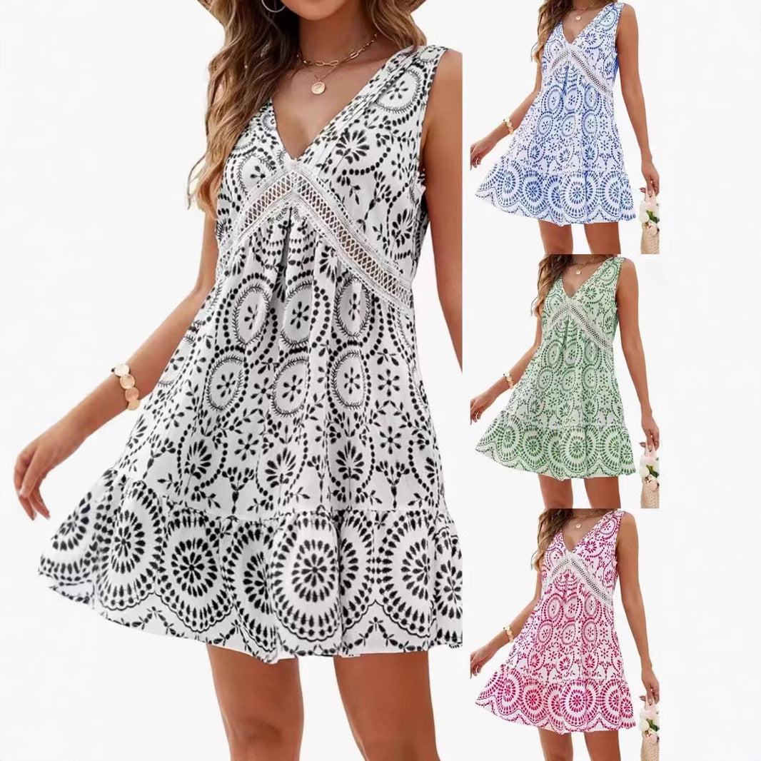 Elegant Printed Hollow Lace Dress V-neck Sleeveless Dress