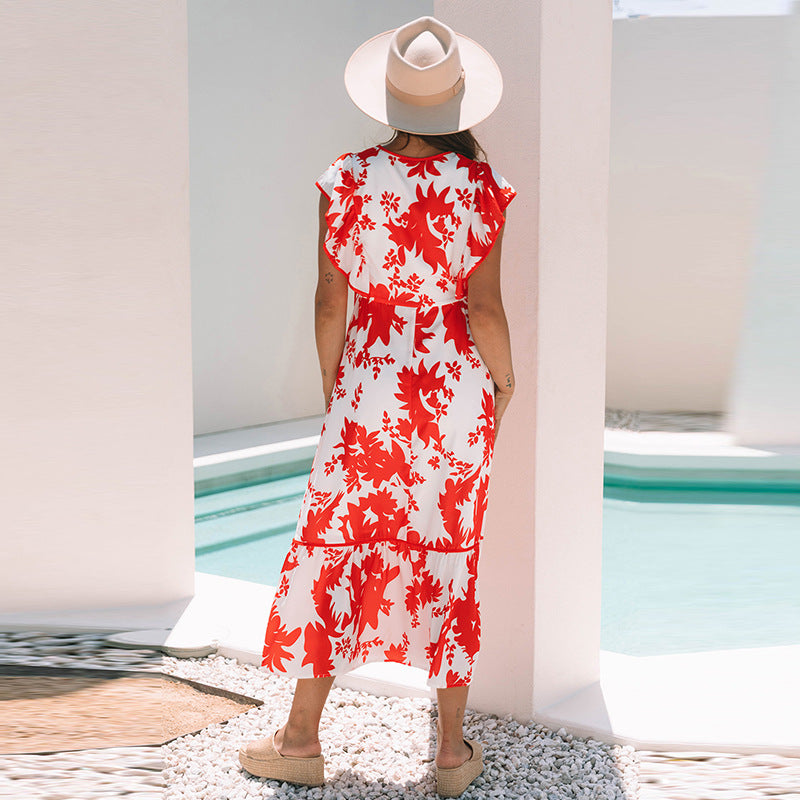 Flower Printed V-neck Dress Women