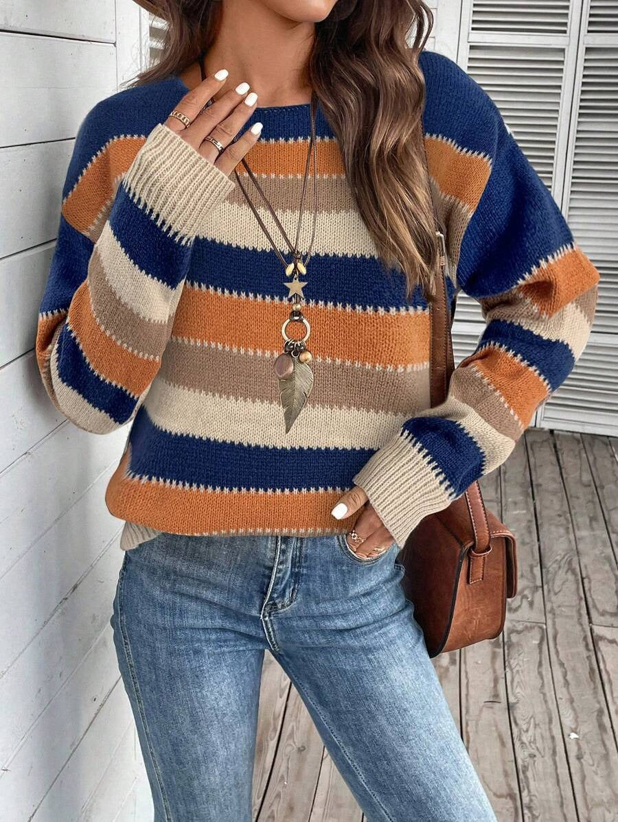 Ins Colorblock Striped Pullover Sweater Casual Long Sleeve Top And Clothing