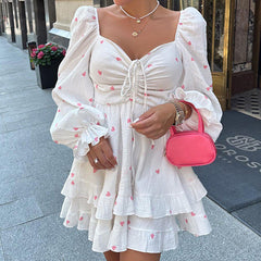 White Crepe Cotton And Linen Square Collar Puff Sleeve Heart Printing High Waist Dress
