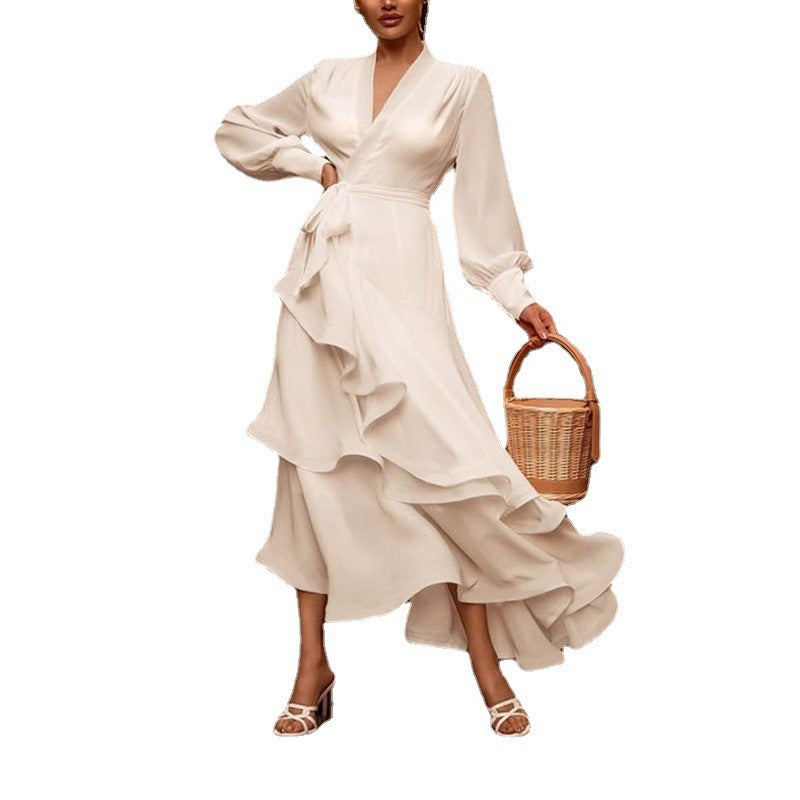 Elegant White Satin V-Neck Prom Dress â€?Long Sleeve Layered Ruffle Gown