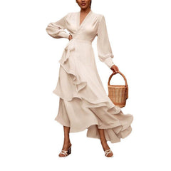 Elegant White Satin V-Neck Prom Dress â€?Long Sleeve Layered Ruffle Gown