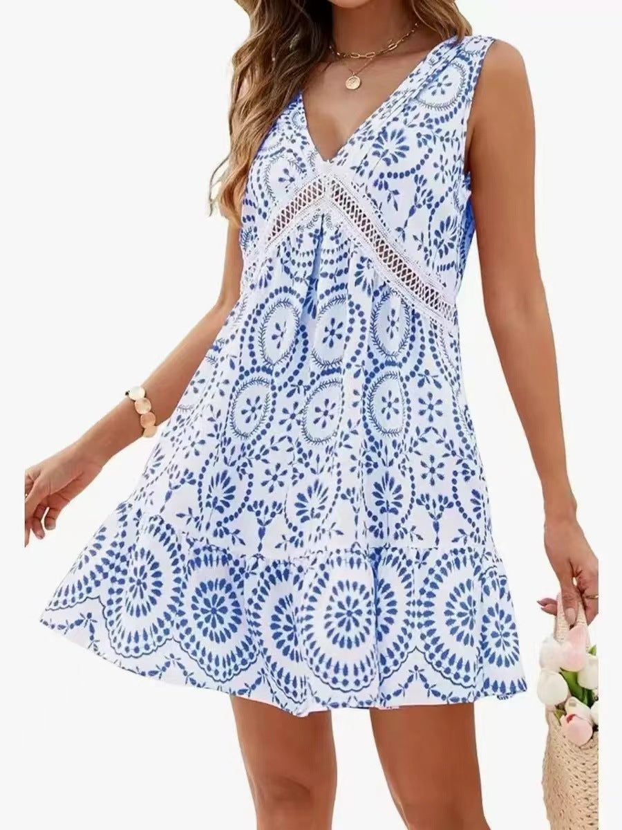 Elegant Printed Hollow Lace Dress V-neck Sleeveless Dress