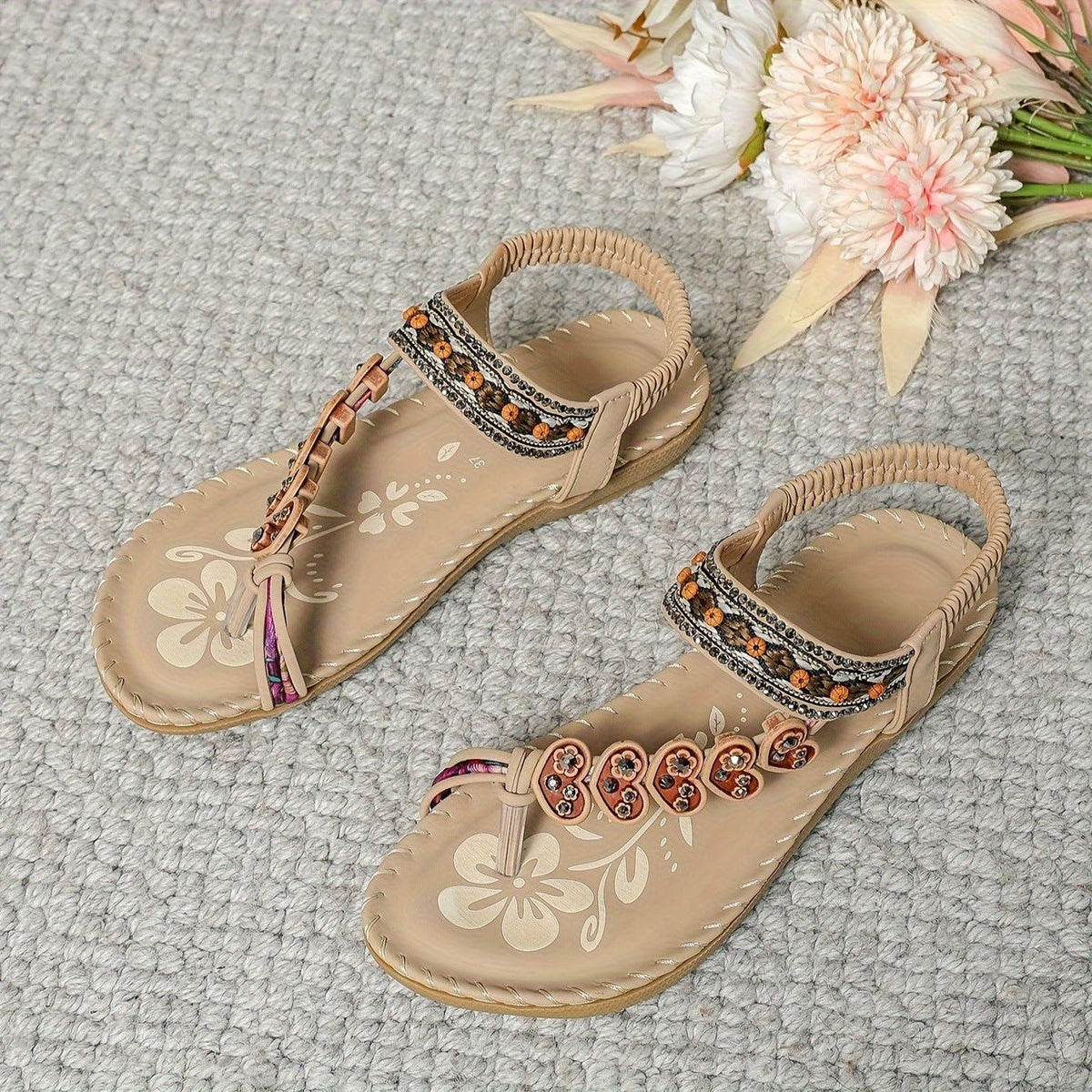 Bohemian Thong Sandals Flowers Flat Beach Shoes For Women
