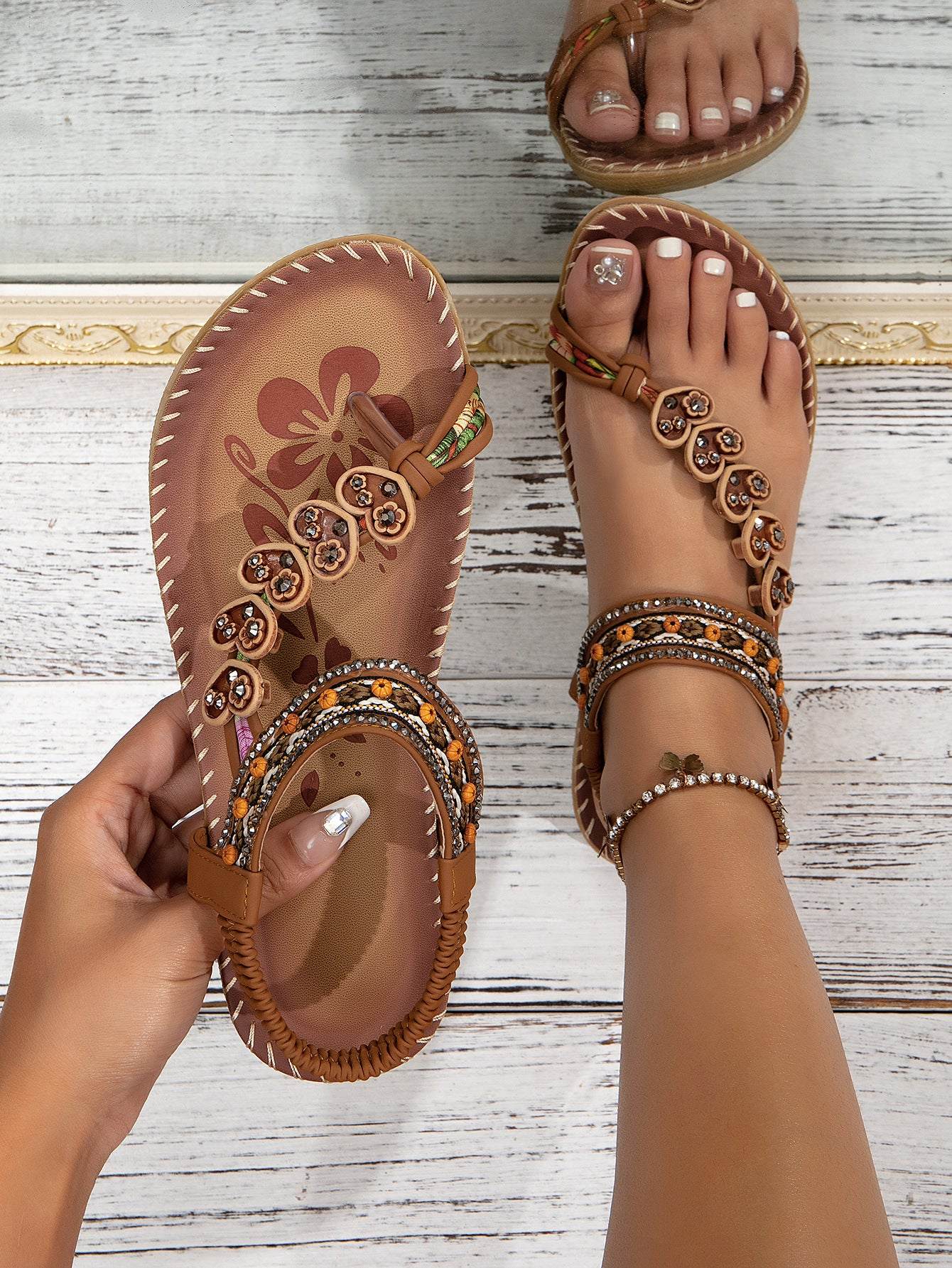 Bohemian Thong Sandals Flowers Flat Beach Shoes For Women