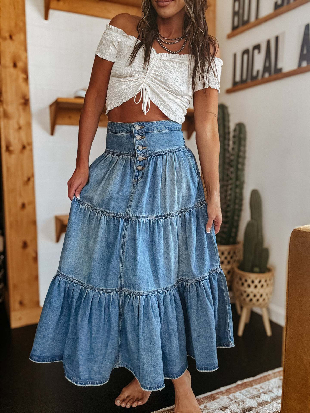 Bohemian A-Line Layered Cake Denim Skirt â€?Vintage Tiered Midi Skirt