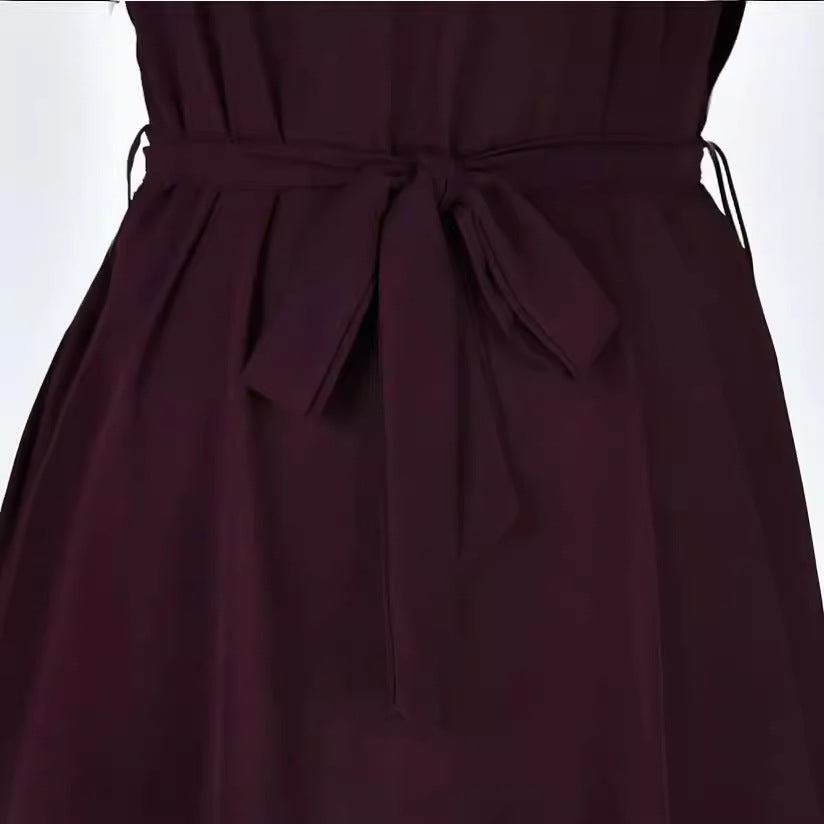 V-neck Short Sleeve Dress With Belt Bowknot Dresses For Clothing