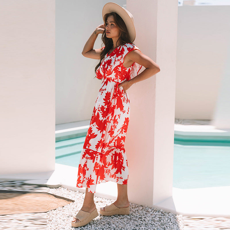 Flower Printed V-neck Dress Women