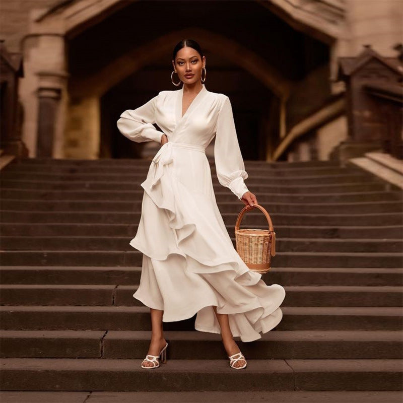 Elegant White Satin V-Neck Prom Dress â€?Long Sleeve Layered Ruffle Gown