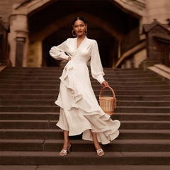 Elegant White Satin V-Neck Prom Dress â€?Long Sleeve Layered Ruffle Gown