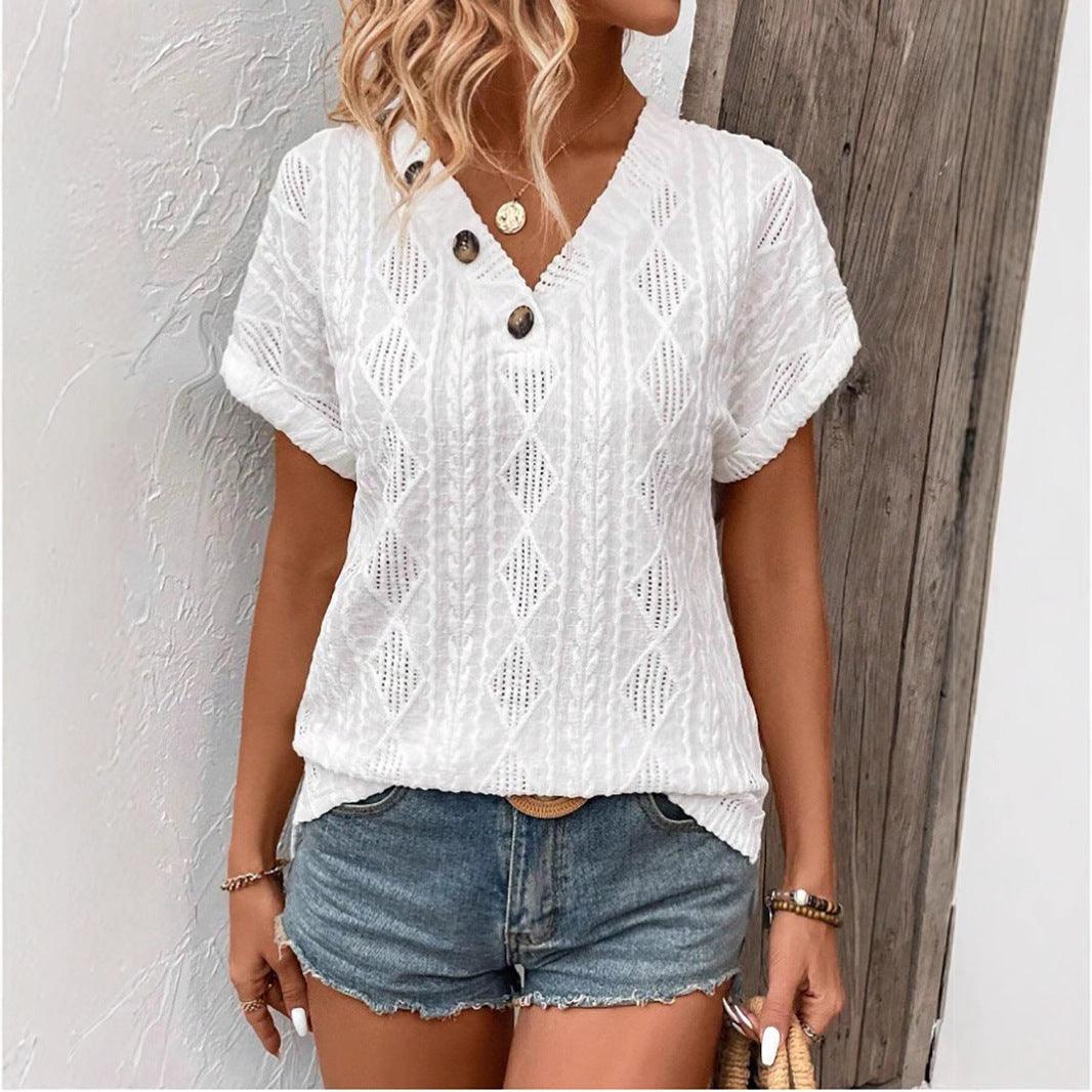 Button V-Neck Jacquard Short Sleeve Shirt