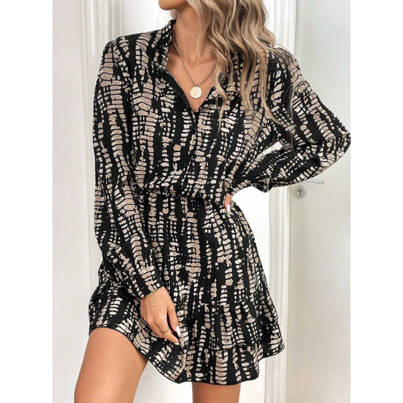 Printed Ruffled Long Sleeve Dress Women