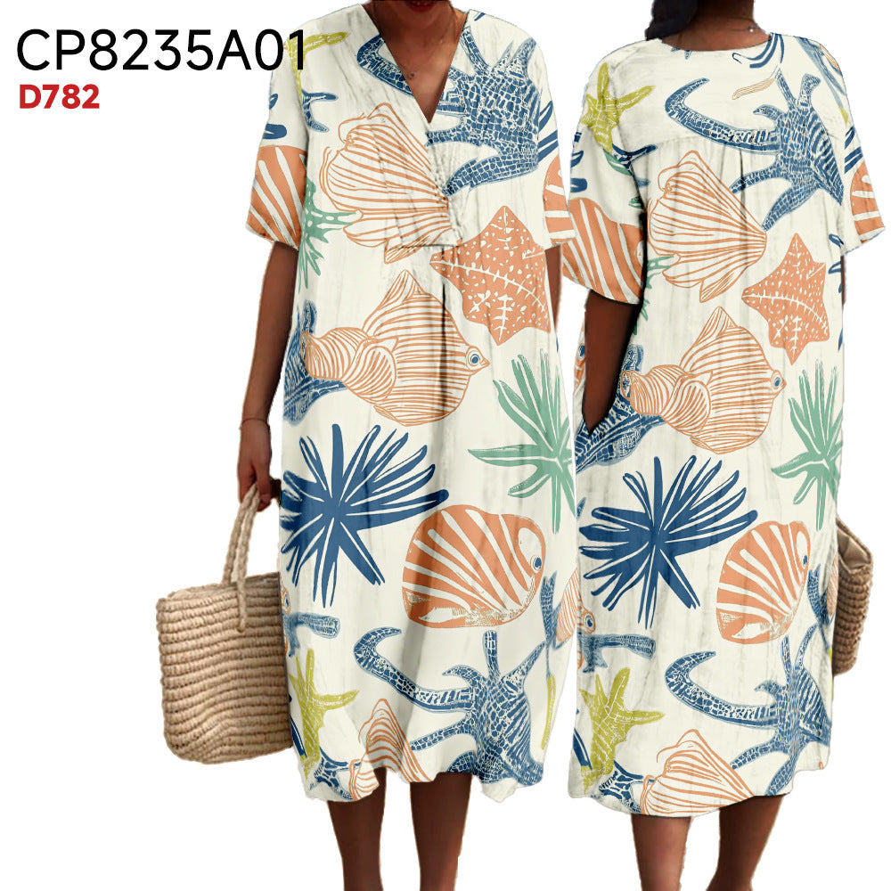 Printed Loose Short-sleeve One-piece Dress For Women