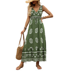 Holiday Printed Green Ethnic Style Casual V-neck High Waist Dress For Women
