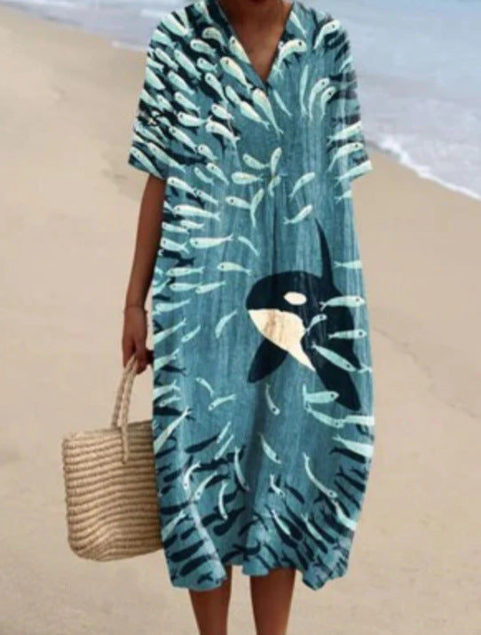 Printed Loose Short-sleeve One-piece Dress For Women