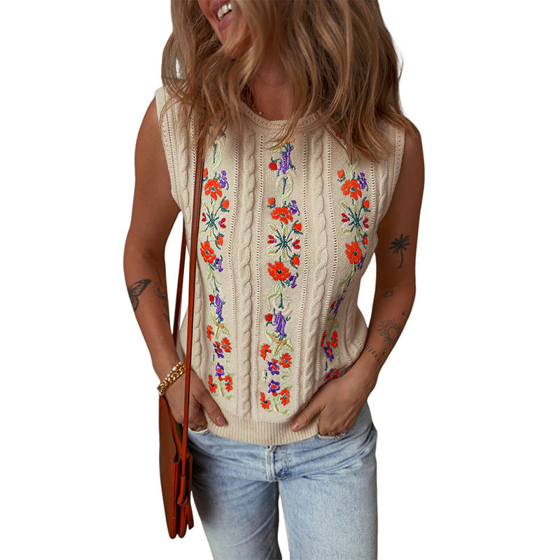 Floral Embroidered Knitted Vest For Niche Retro Outerwear Sleeveless Top For Women
