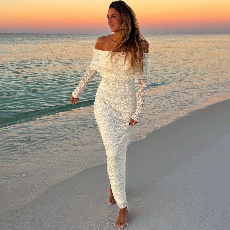 Amazon Elegant Socialite Style Elegant Off-Shoulder Lace Dress