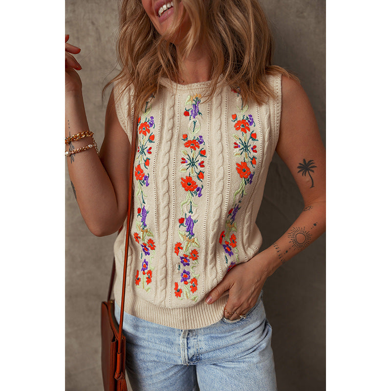 Floral Embroidered Knitted Vest For Niche Retro Outerwear Sleeveless Top For Women
