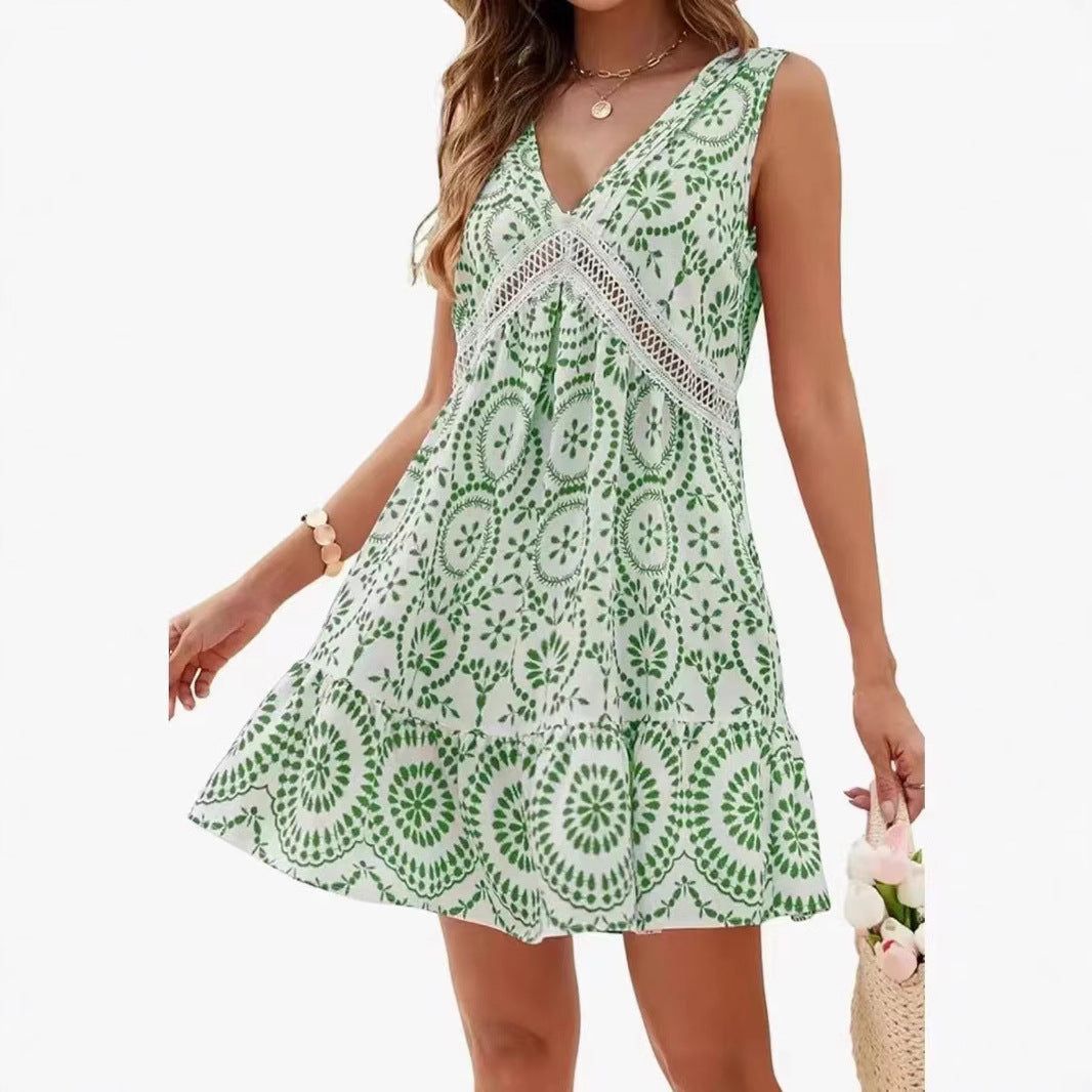 Elegant Printed Hollow Lace Dress V-neck Sleeveless Dress