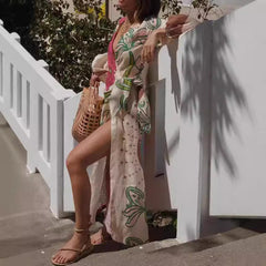 Long Sleeve Holiday Floral Print Long Sleeve Cardigan Lace Up Dress Women