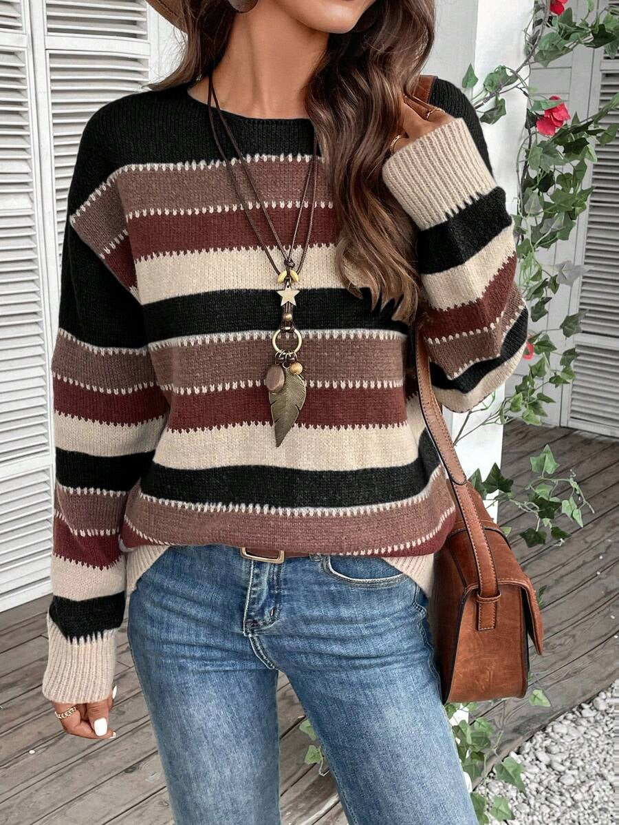 Ins Colorblock Striped Pullover Sweater Casual Long Sleeve Top And Clothing