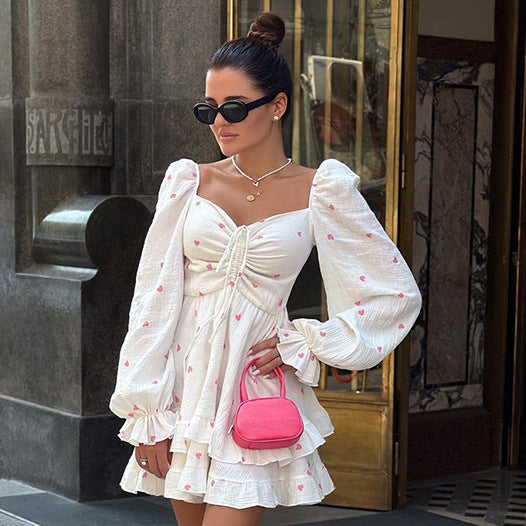 White Crepe Cotton And Linen Square Collar Puff Sleeve Heart Printing High Waist Dress