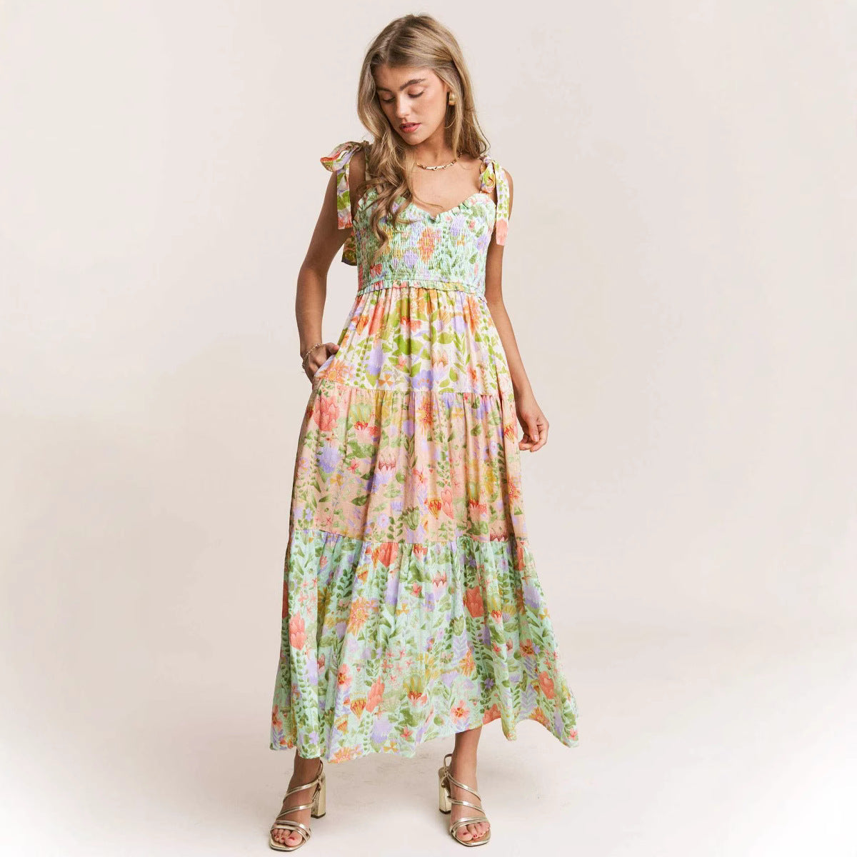 Sleeveless Strap Pocket Printing Dress Women