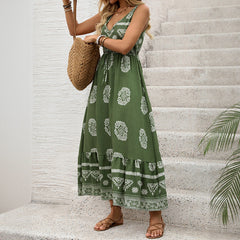 Holiday Printed Green Ethnic Style Casual V-neck High Waist Dress For Women