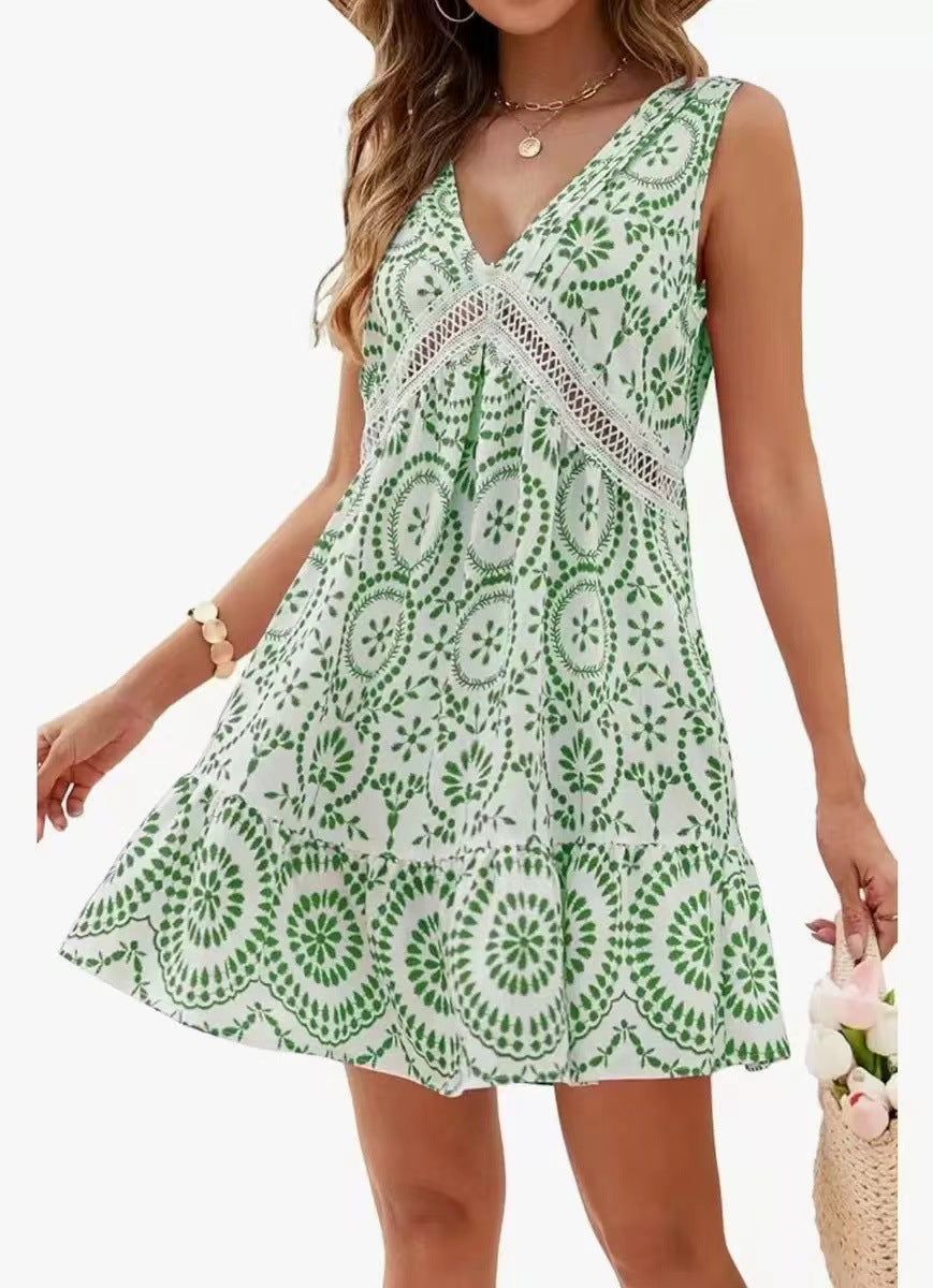 Elegant Printed Hollow Lace Dress V-neck Sleeveless Dress