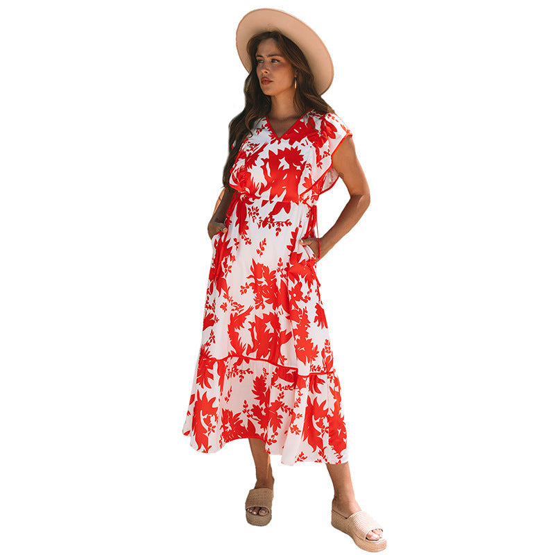 Flower Printed V-neck Dress Women