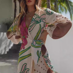 Long Sleeve Holiday Floral Print Long Sleeve Cardigan Lace Up Dress Women