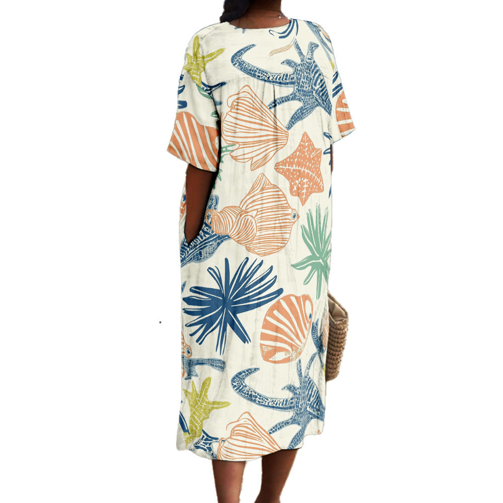 Printed Loose Short-sleeve One-piece Dress For Women
