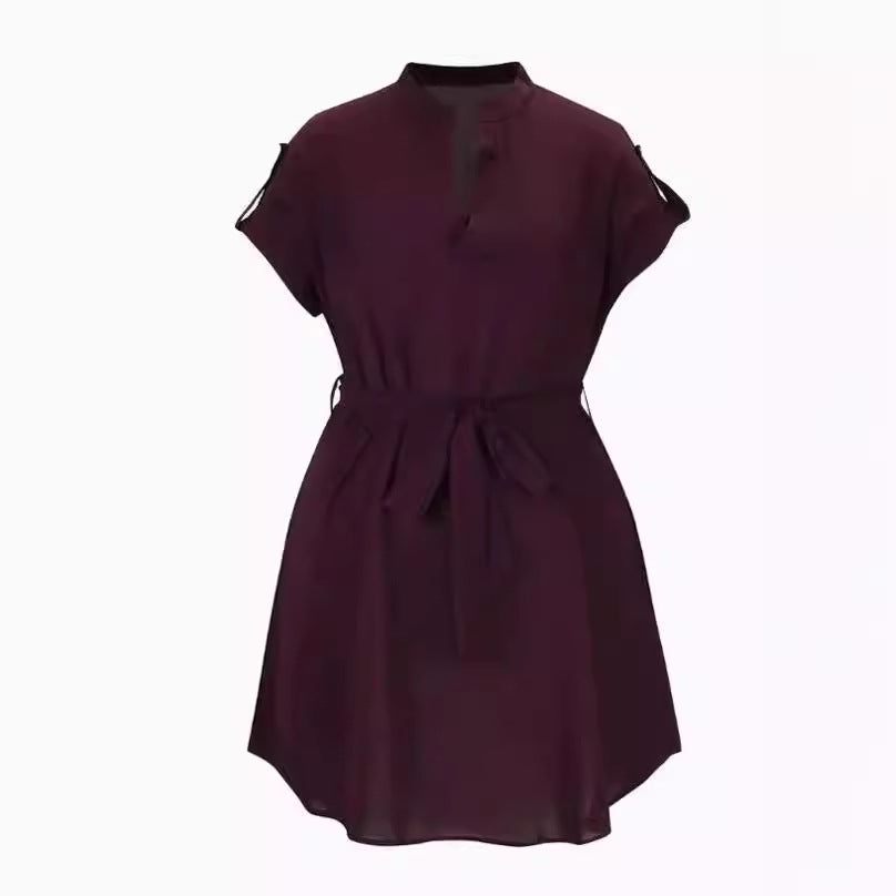 V-neck Short Sleeve Dress With Belt Bowknot Dresses For Clothing