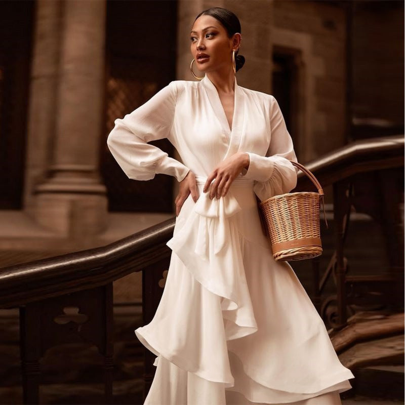 Elegant White Satin V-Neck Prom Dress â€?Long Sleeve Layered Ruffle Gown