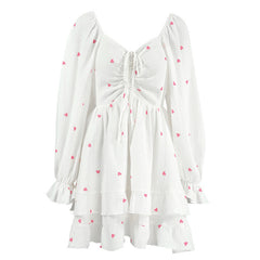 White Crepe Cotton And Linen Square Collar Puff Sleeve Heart Printing High Waist Dress