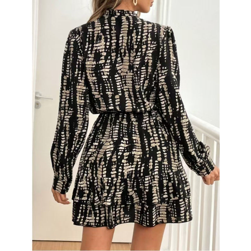 Printed Ruffled Long Sleeve Dress Women