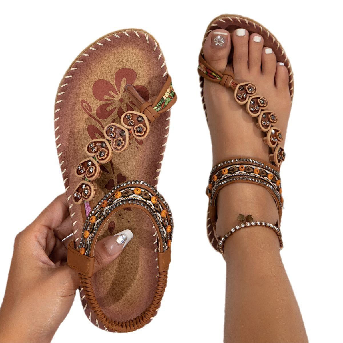 Bohemian Thong Sandals Flowers Flat Beach Shoes For Women