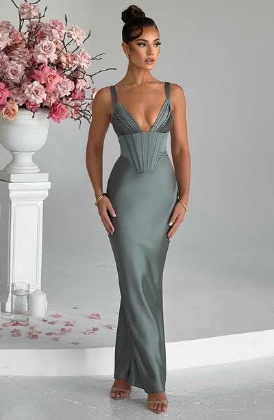 Elegant Deep V-Neck Satin Sleeveless Evening Dress