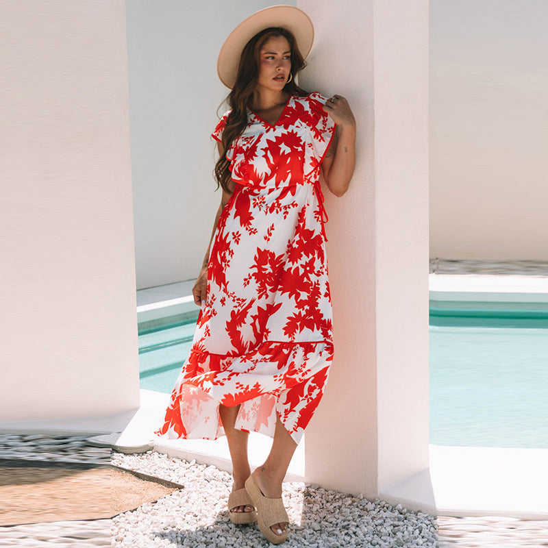 Flower Printed V-neck Dress Women